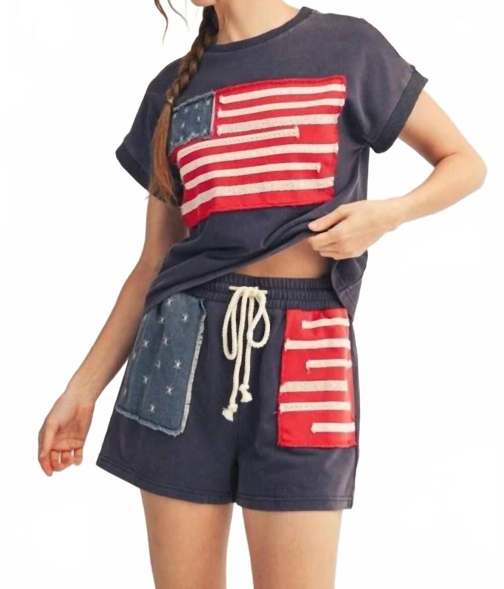 NEW JODIFL flag patched top & shorts in navy